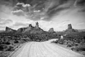 road, valley of the gods, utah, butte, black and white, clas