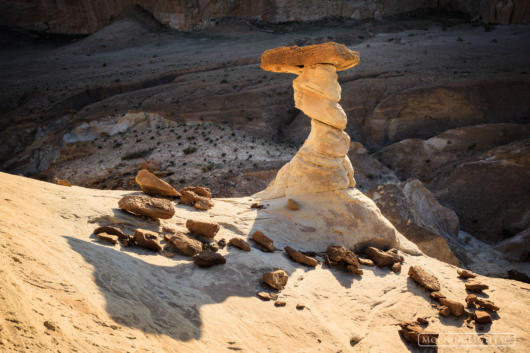 A lone hoodoo sits surrounded by a school of rocks that seem to have come to learn its secret.